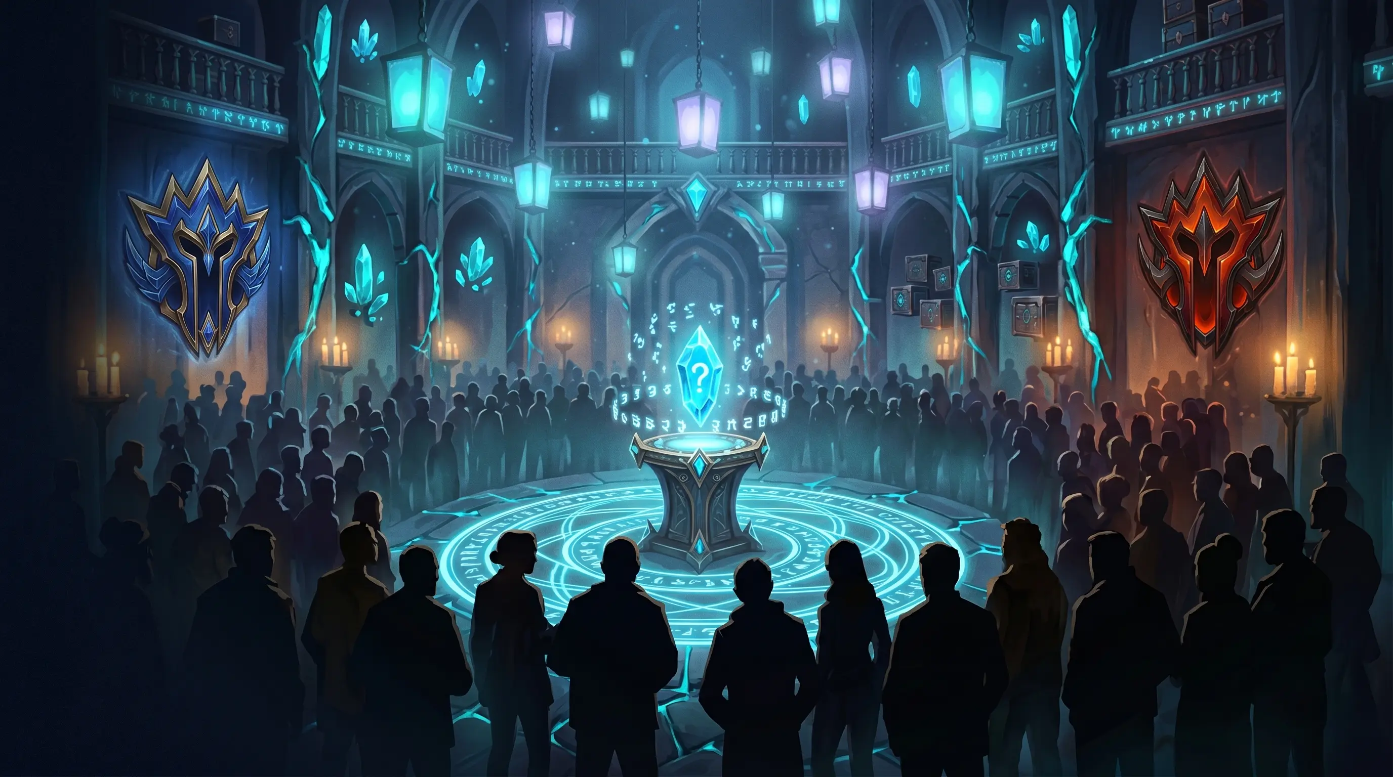 A grand candlelit hall with two faction crowns hanging on opposing walls and silhouetted spectators watching a glowing central podium