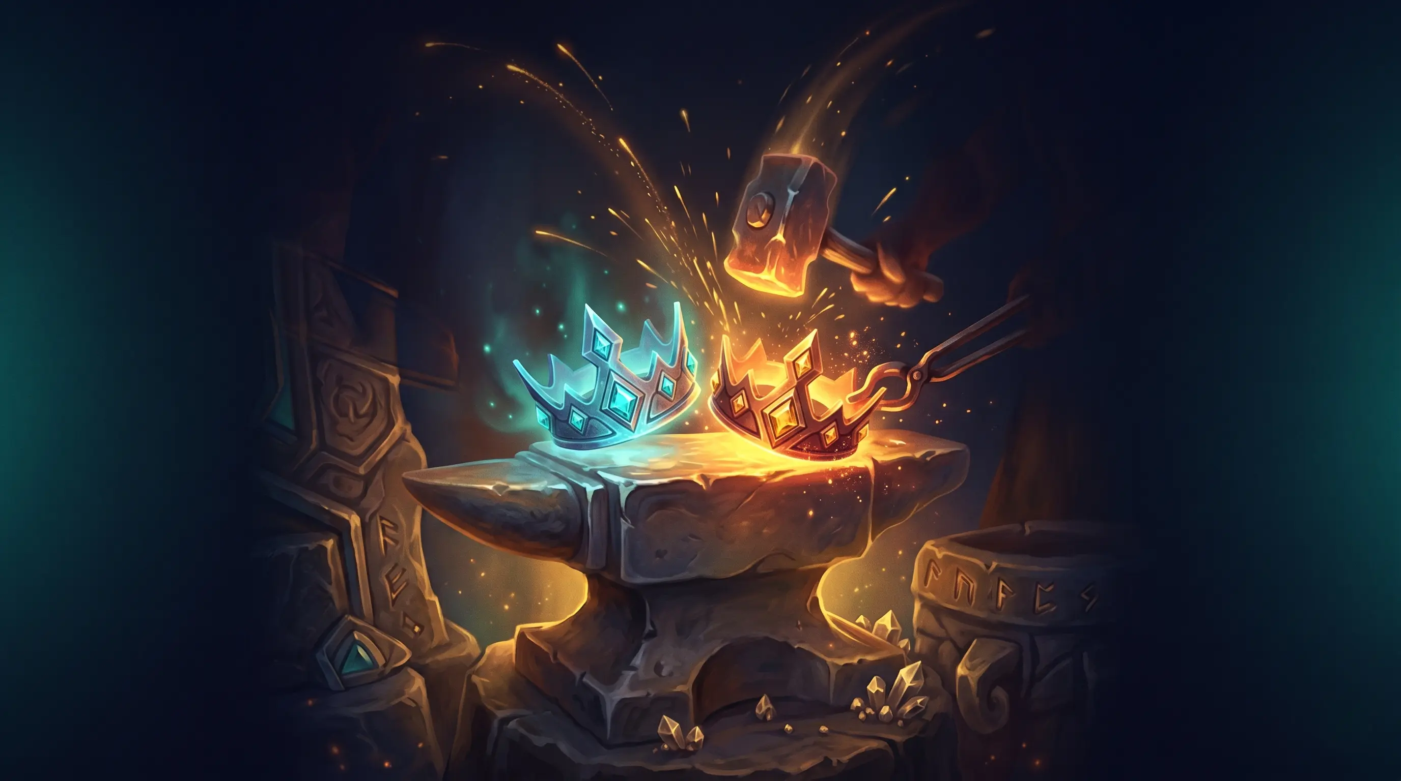 Two faction crowns being forged at an anvil, one cool blue and one warm gold, sparks flying as a hammer strikes