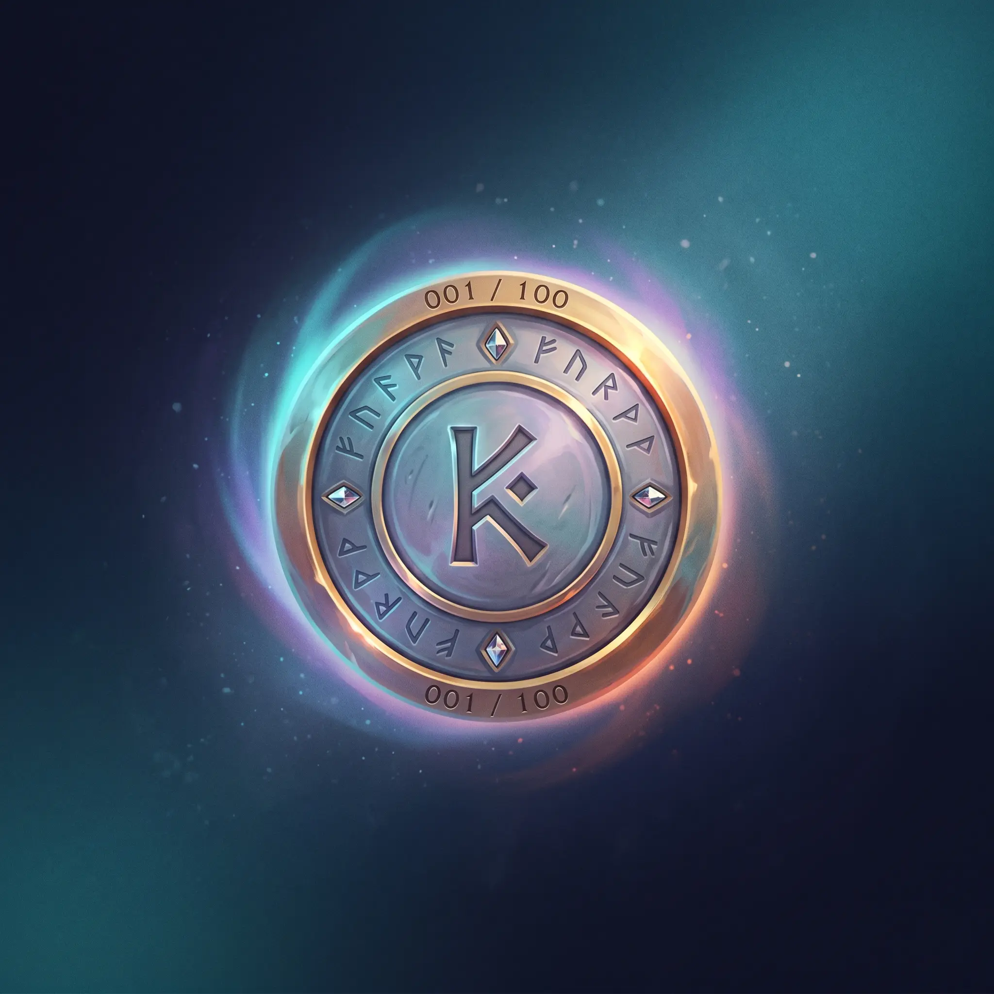 A circular Founder medallion engraved 001/100 with a runic K symbol at the center