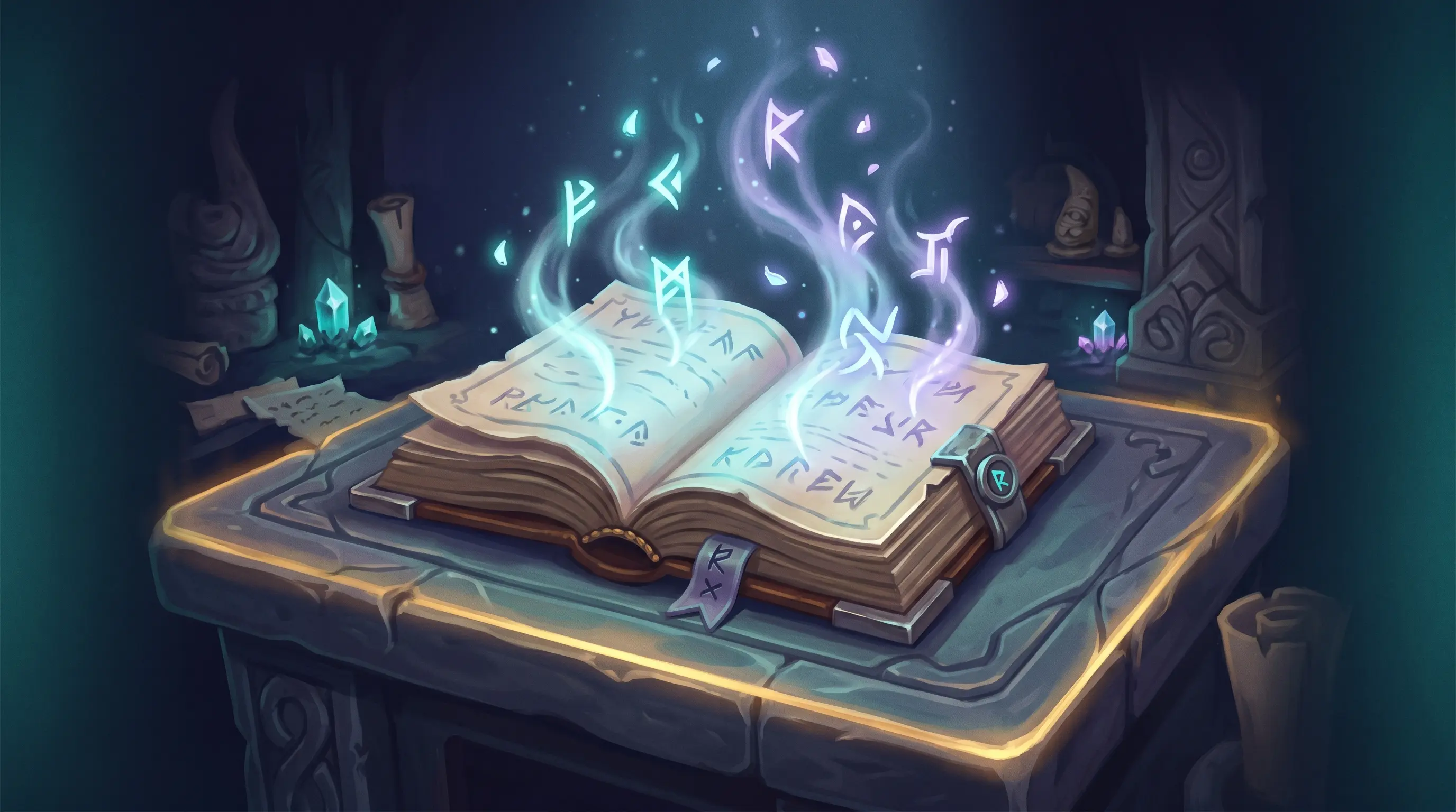 An open spellbook on a stone table with glowing runes rising from the pages