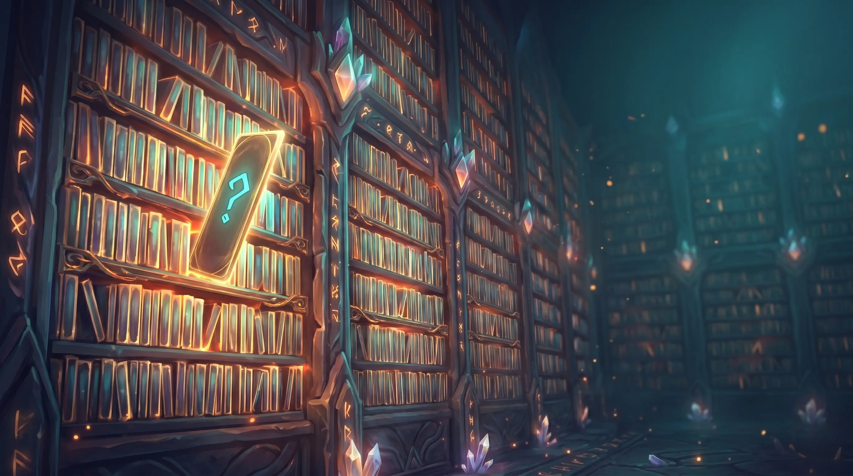 A vast library wall of luminous question-card spines, with one ember-lit card pulled out and floating mid-air